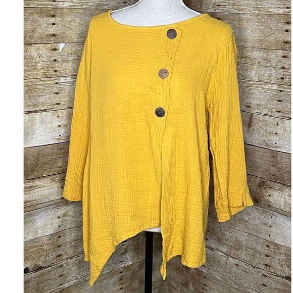 BELLE FRANCE GAUZE LAGAN LOOK COTTON ARTSIE ASYMMETRICAL BLOUSE SIZE XL DIJON - Picture 1 of 3